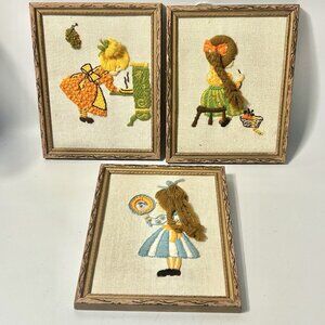 Sunset Designs Handmade 8x6" Framed Needlepoint Girls 1973 Set Of 3